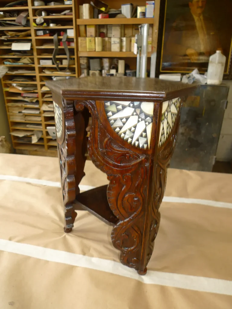 Middle Eastern Carved & Inlaid Lamp Table — Heirloom Restoration — After